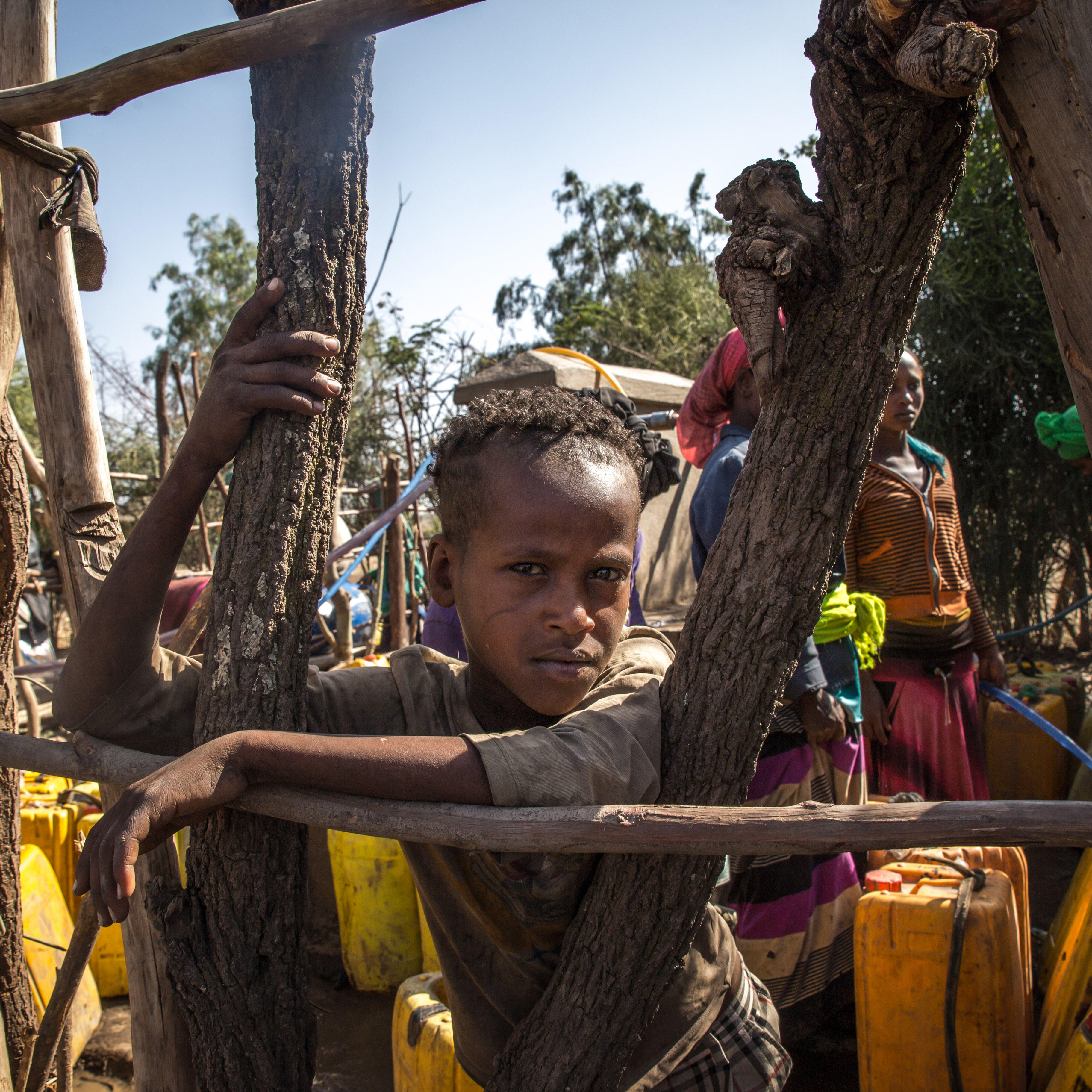 A boy leans against a fence made of branches amid people gathering water in jerrycans from an IRC-installed water system in Ethiopia.