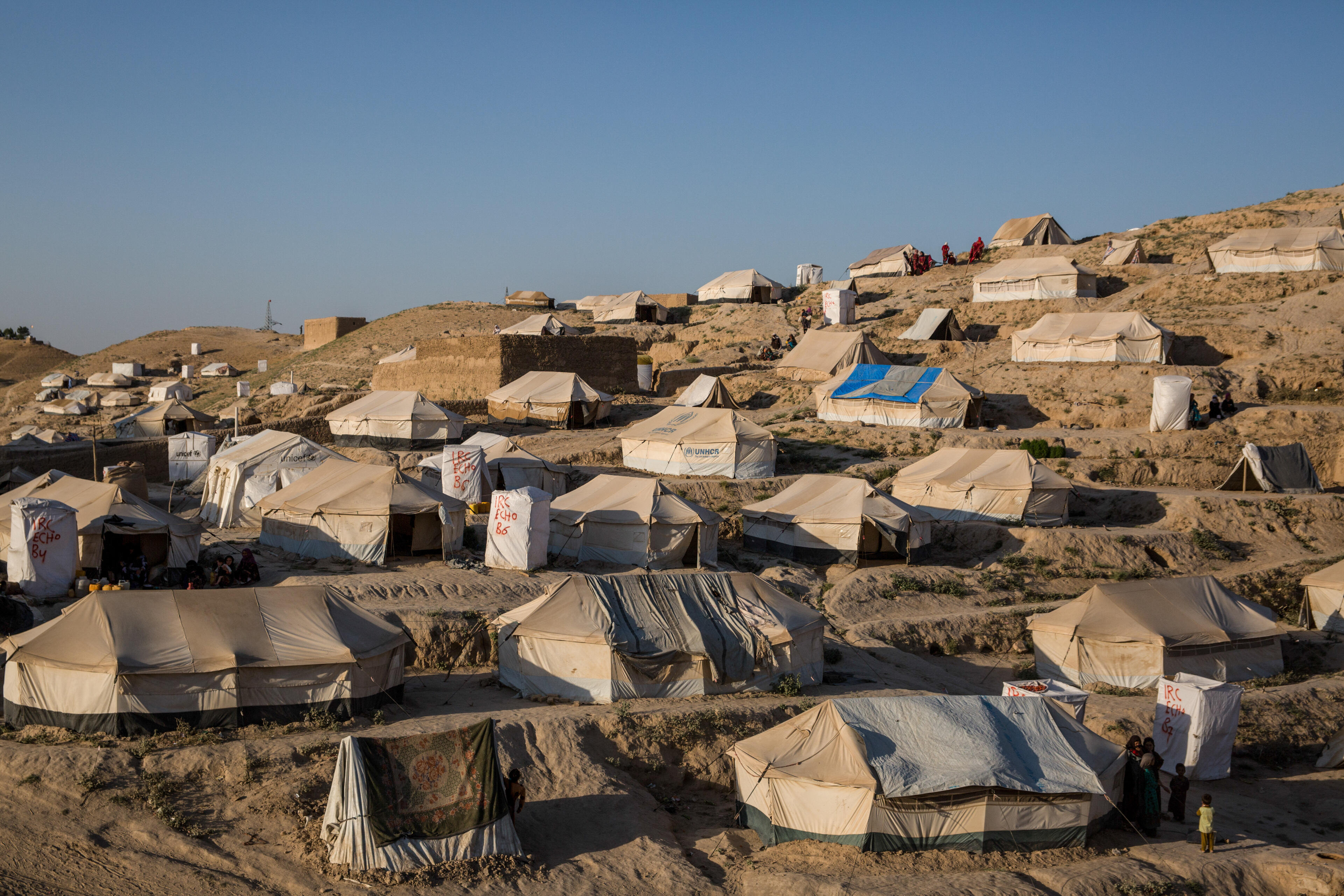 View of a tent camp in Badghis, Afghanistan, where Afghans displaced by drought are now living in dry, dusty conditions.