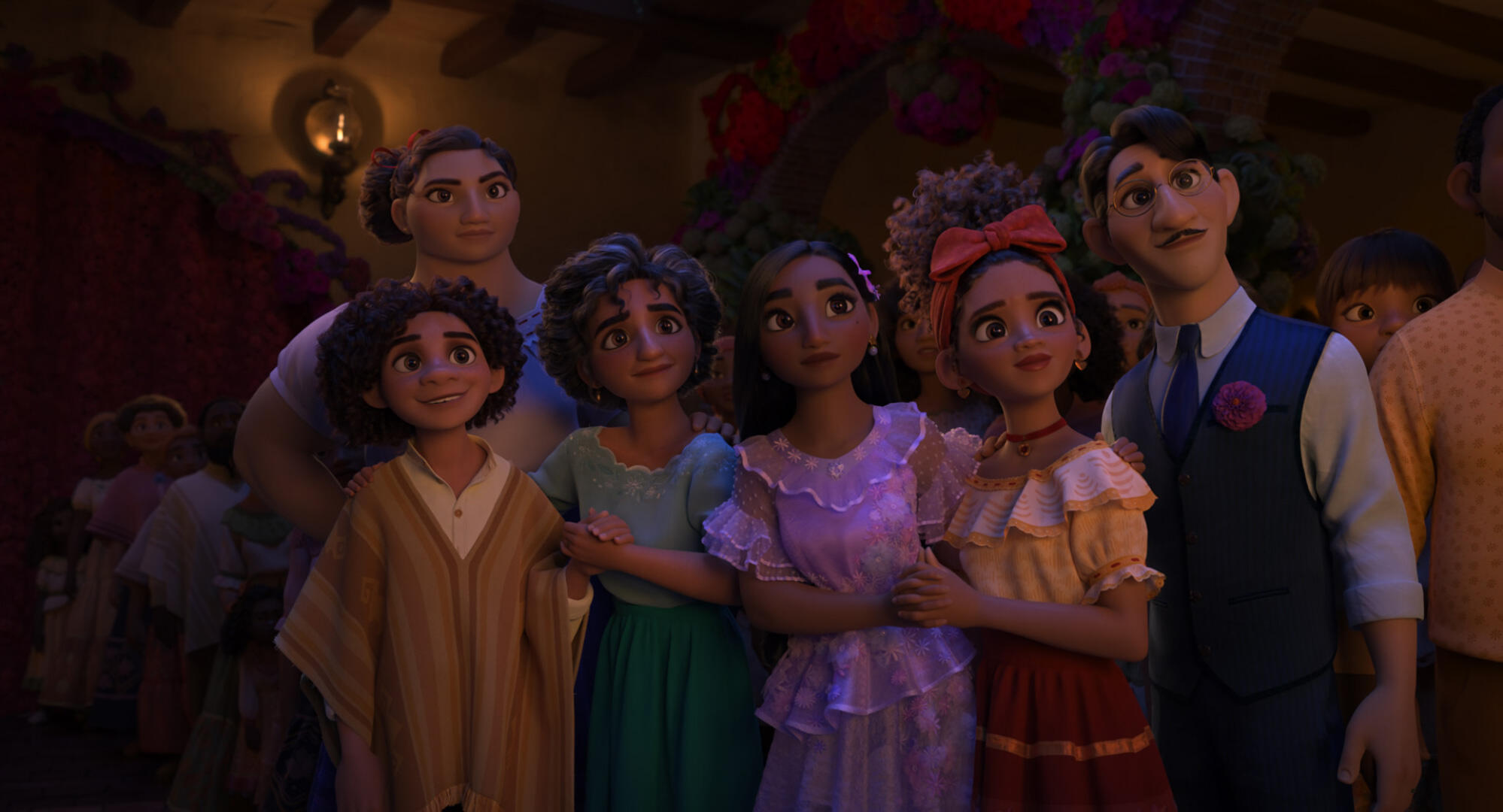 The Madrigals, Luisa, Camilo, Julieta, Isabela, Dolores and Agustín, stand together looking at something off screen. 