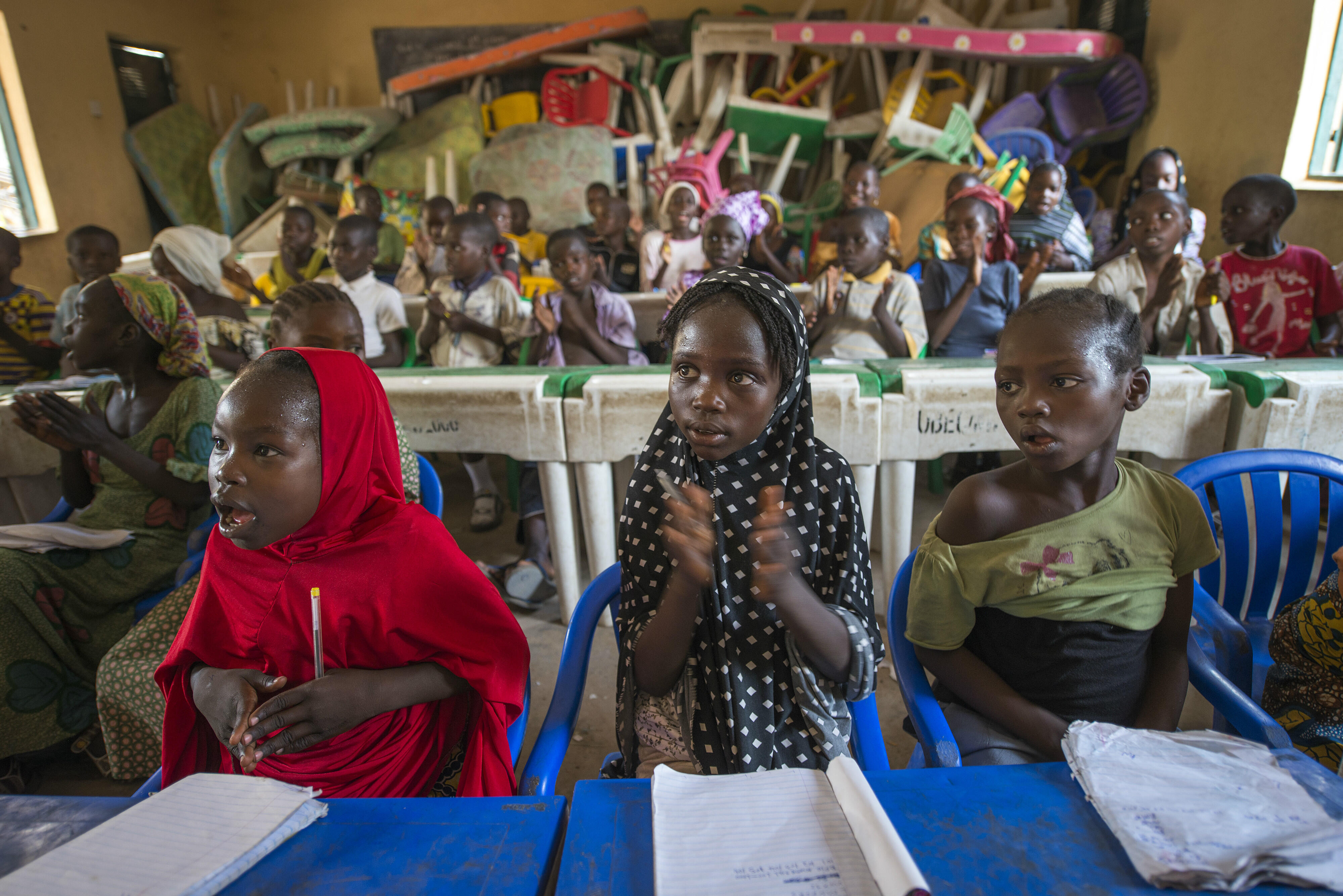Children take part in an IRC-organized math class in a displacement camp near Yola, Nigeria. 
