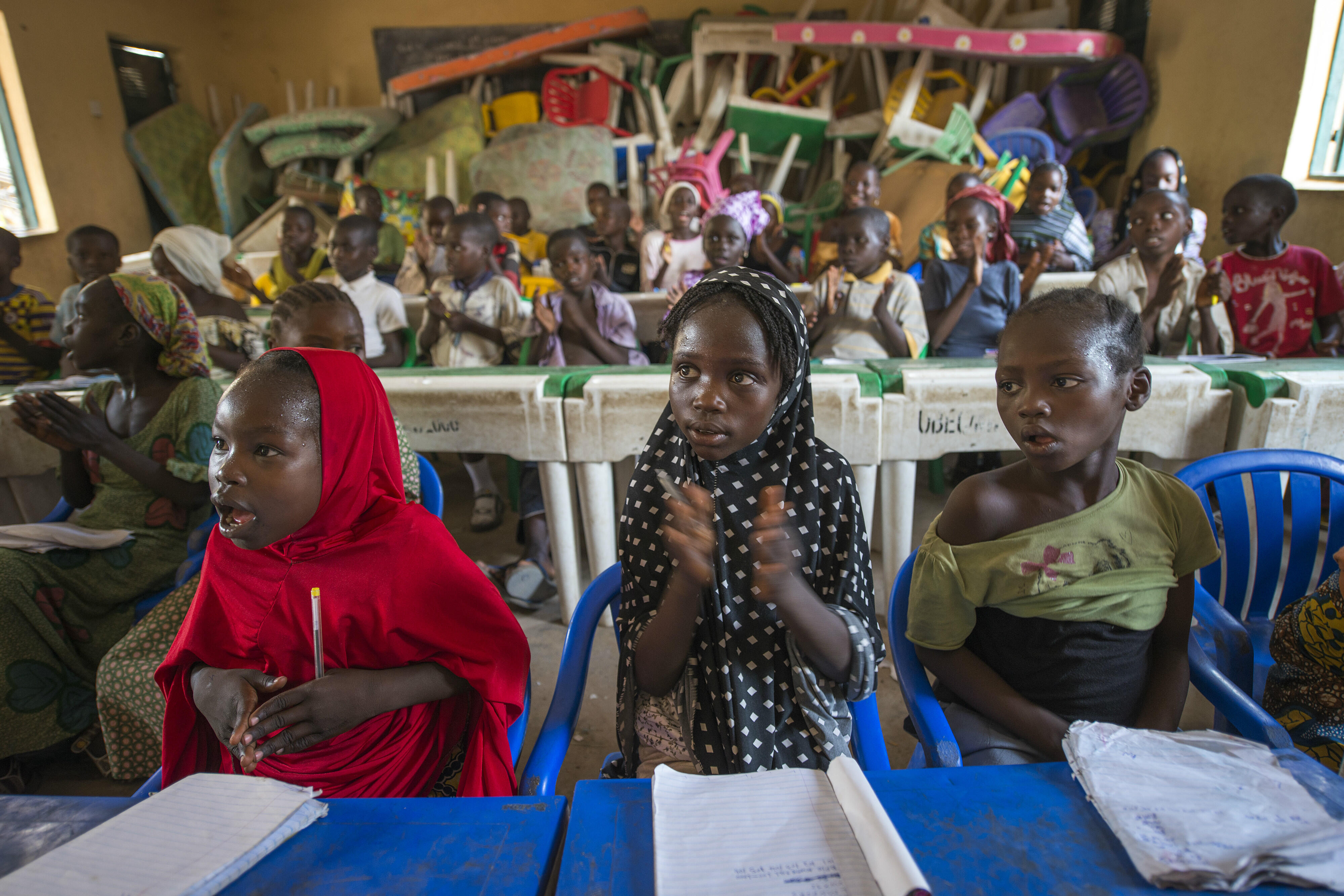 Children take part in an IRC-organized math class in a displacement camp near Yola, Nigeria.