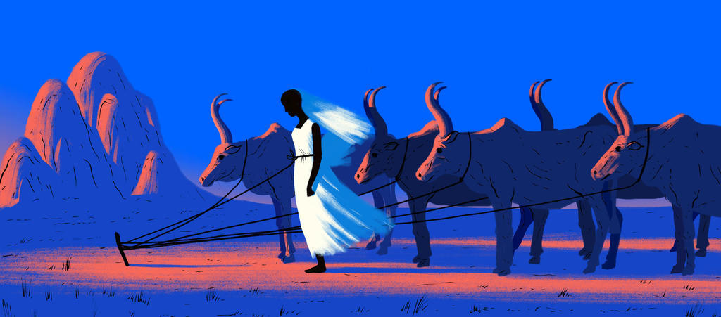 Illustration of  a girl standing tethered alongside cattle