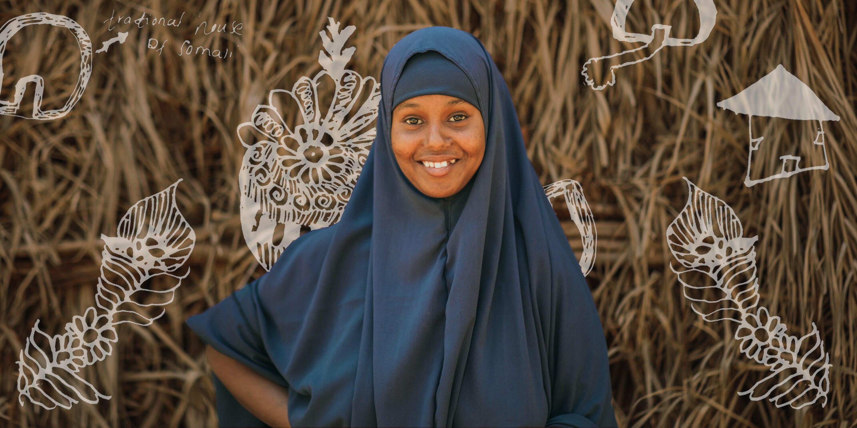 Nurta is smiling at the camera. Her drawings are displayed in the image behind her.