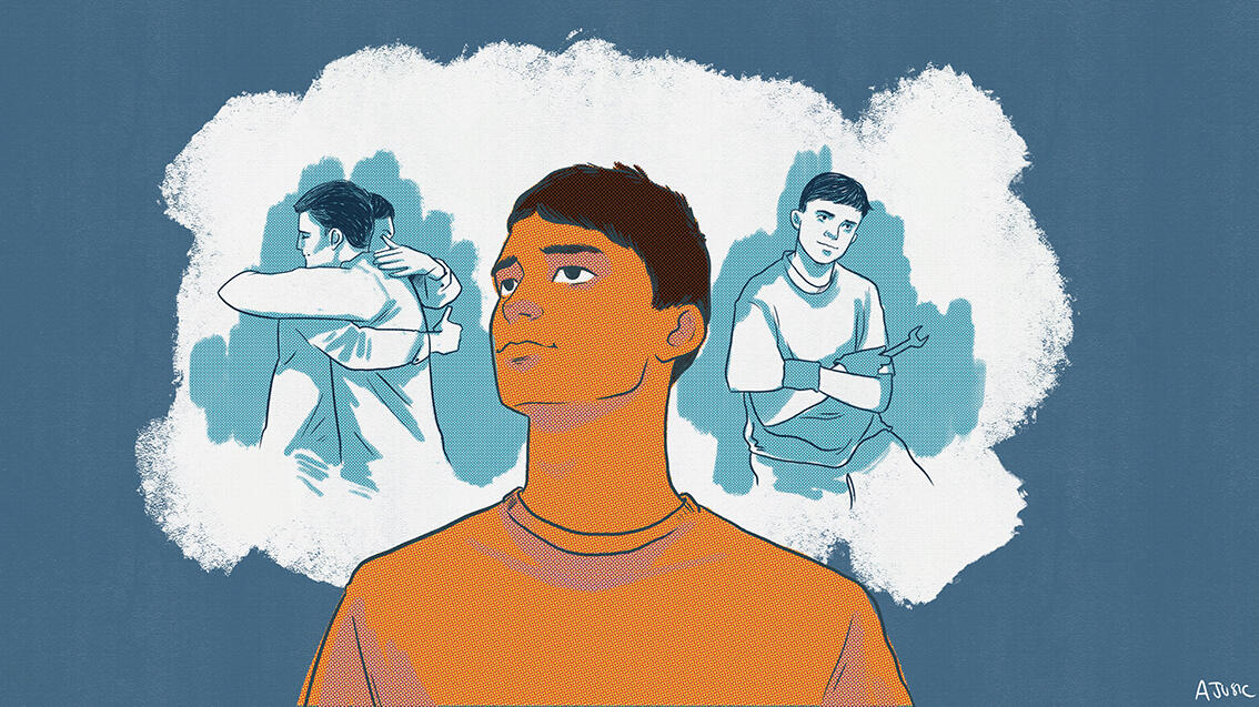 Illustration by Ada Jusic of Ali dreaming about his future with his uncle and as a mechanic.