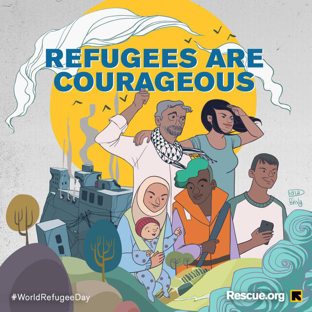 Syrian artist Diala Brisly created this illustration embodying the phrase "Refugees are courageous" for World Refugee Day 2021. An illustration of five men and women of different ages and cultures, including a baby, an older woman with a hijab and a young man with hair dyed blue. There is destruction behind them and they are looking forward with images of waves ahead of them.