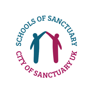 Logo of schools of sanctuary showing two figures holding hands with text "Schools of Sanctuary, City of Sanctuary UK" surrounding image in circle