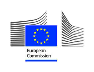 Logo der Europäischen Kommission mit EU-Flagge und stilisierter Gebäudestruktur