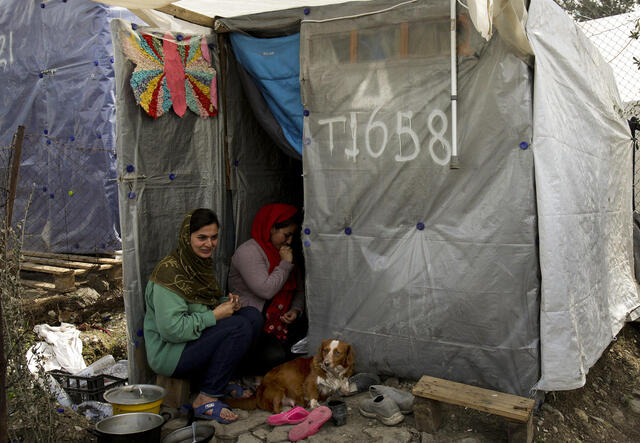 Parasi, who came to Lesvos from Afghanistan, and a friend, sit outside their shelter with their dog Rex.