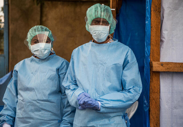 Health workers responsible for screening patients in Beni: The IRC continues to respond to both Ebola and COVID-19 and will ensure that infection, prevention and control support is provided to health centers.