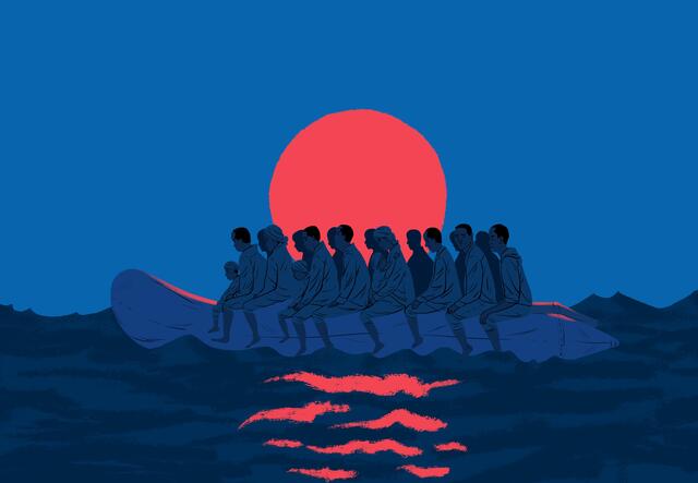 Paul Blow illustration of refugees crossing the Mediterranean in a small boat