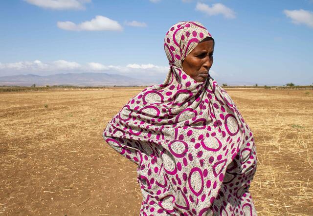 Eine äthiopische Frau steht auf einem Feld und schaut nachdenklich zur Seite.