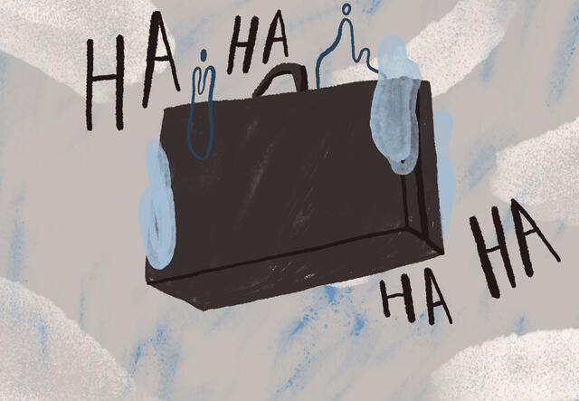 Laughing at the suitcase