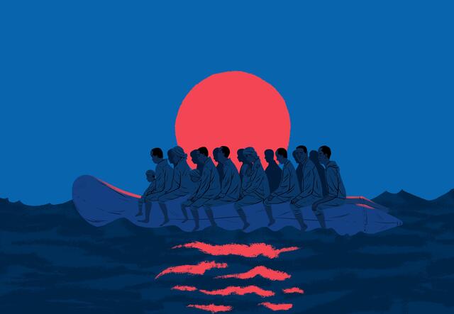 Illustration von überfüllten Booten auf denen Menschen das Mittelmeer überqueren