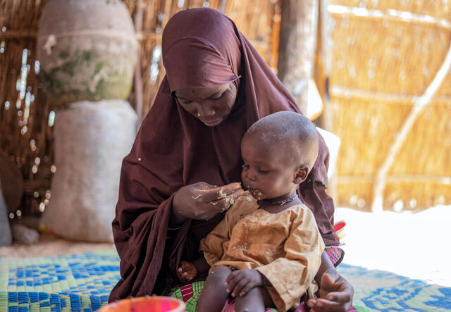 A 25-year-old woman in Niger, seated on a mat, feeds her 16-month-old son in her lap under a woven straw shelter.