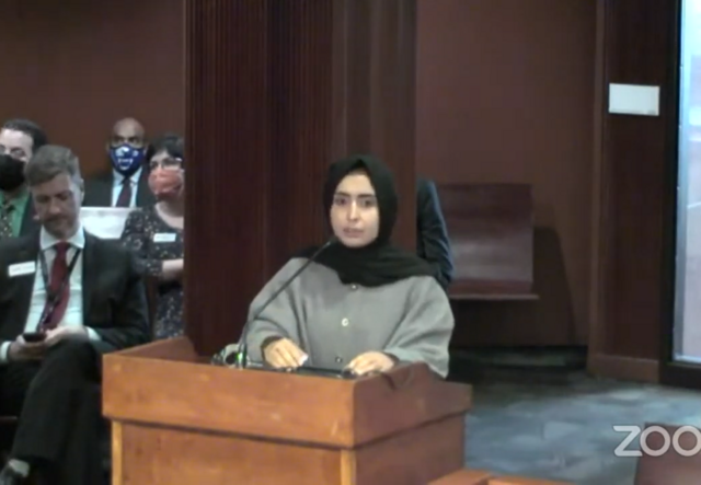 Hasina Alokozai behind a podium testifying to the Georgia House Higher Education Committee