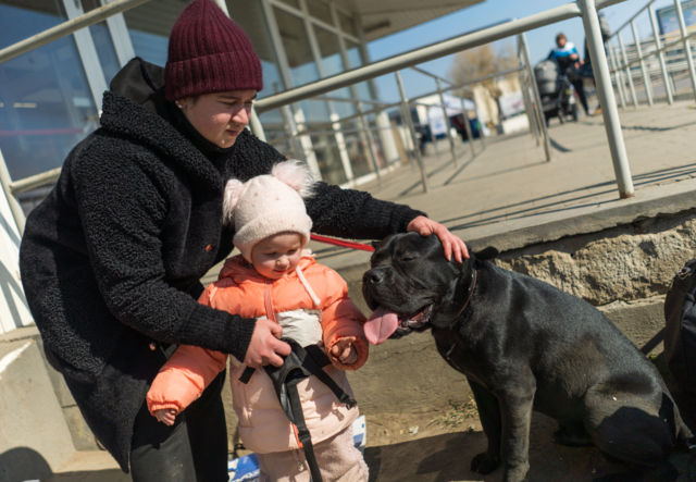 A mom stands with her young daughter and a dog beside them.