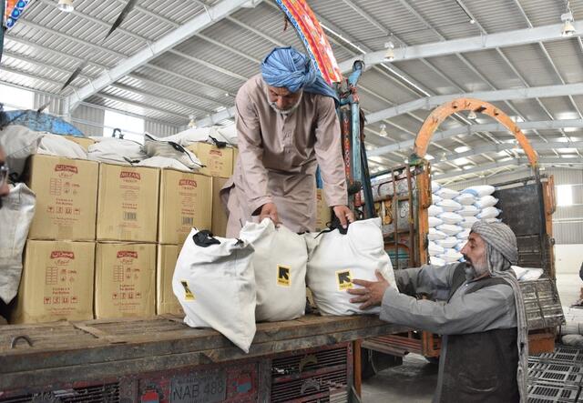 IRC aid workers loading bags of food onto trucks.