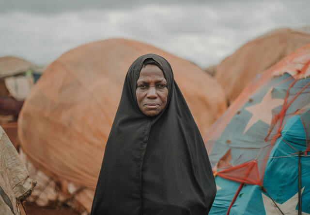 Nunay Hassan, 52, facing the camera at Torotorow camp, Somalia.