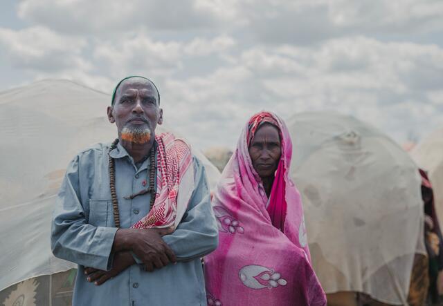 Couple Mohamend and Madina face the camera at Daryel Shabellow IDP camp