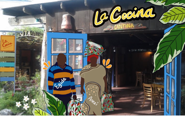 Illustration of two New Roots Farmers in front of La Cocina Restaurant