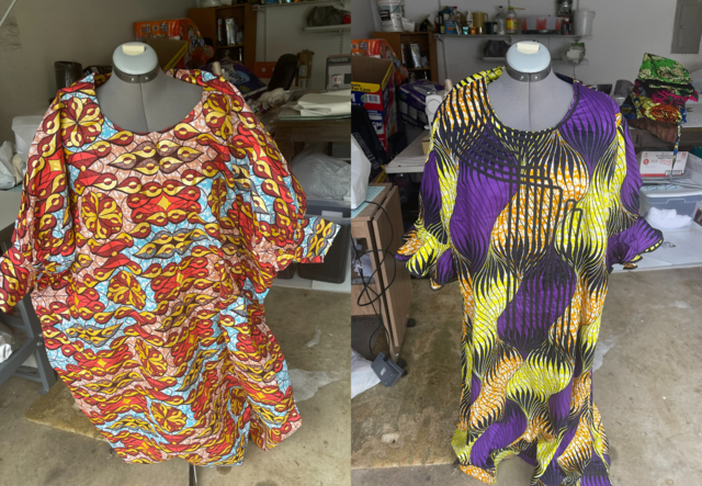 Two dresses made with colorful, traditional Congolese fabric side-by-side.