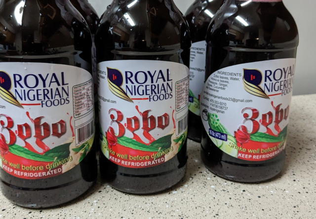 Royal Nigerian Foods branded zobo hibiscus drink.