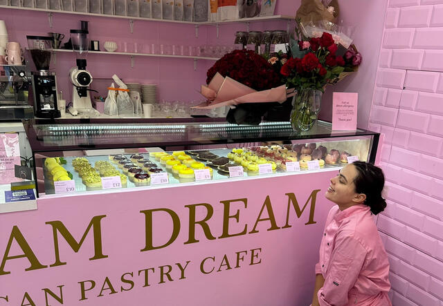 Dream come true: Vegan pastry cafe owner Yelyzaveta Tataryna celebrates the opening in Covent Garden
