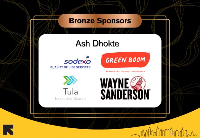 A banner displaying the Bronze sponsors of Dinner Together: Ash Dhotke, Sodexo USA, Green Boom, Tula Exectuive Search, and Wayne Sanderson Farms