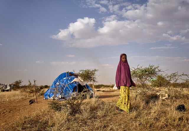 A woman walks through a dry landscape, barren except for a makeshift shelter in the background.