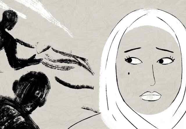 Illustration of Samira warily looking at smugglers to get her family out of Afghanistan
