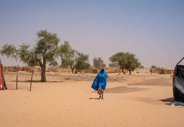 A woman in a blue outfit walks by herself through a dry landscape