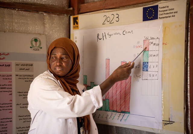 Zakia, a midwife, points to an informational poster.