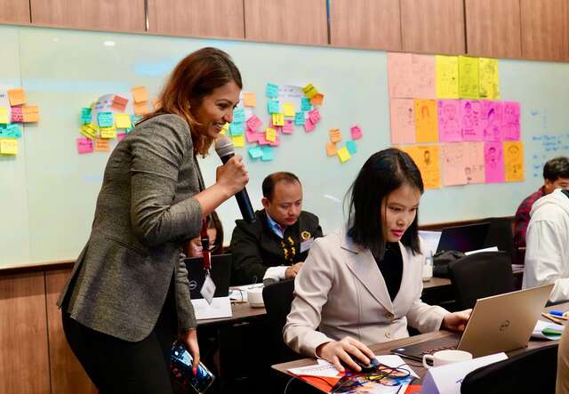 The participants are using an AI tool to generate images with the help of the trainer. This practical activity follows the participants' development of an understanding of using impactful prompts to create content using AI tools.