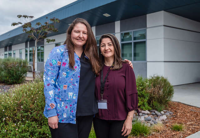 Yuliia 39, with Care Development Specialist for the International Rescue Committee, Reem Yousif, 49, at the Grossmont Health Occupations Center.