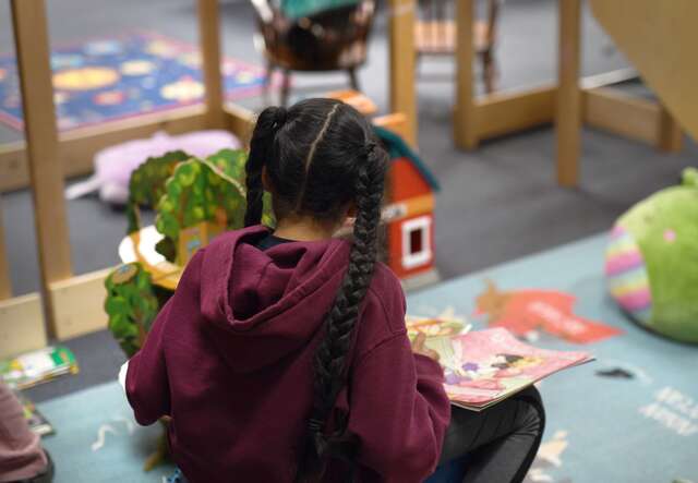 A child with braided hair, wearing a red hoodie with her back facing the camera and reading a book. (what is due process)