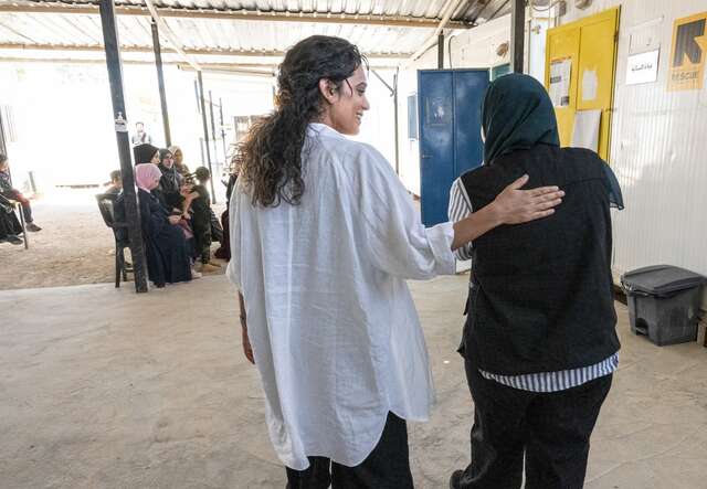 IRC Ambassador Sepideh Moafi meets with Syrian refugee women at an IRC women's protection center in Zaatari refugee camp, Jordan.