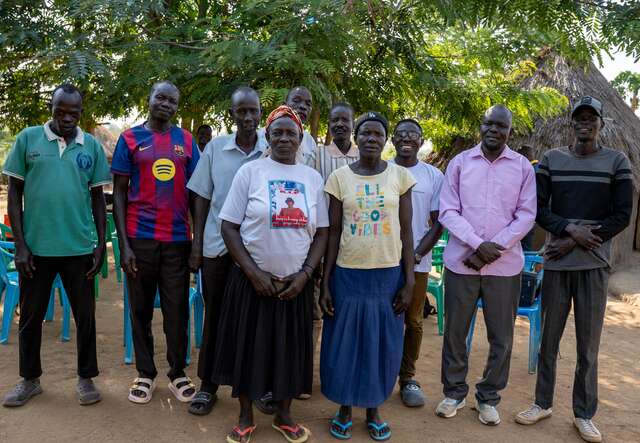 Members from one of the village task forces in the Palabek refugee settlement—trained by the IRC with EU support to detect and respond to disease outbreaks in their community.