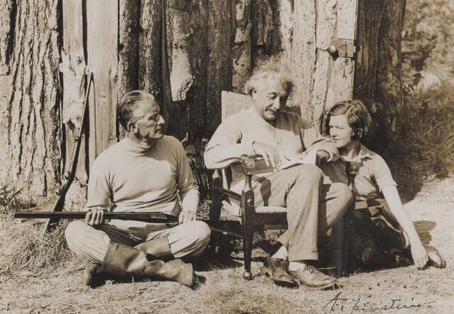 Albert Einstein photographed with British politician Oliver Locker-Lampson in Roughton Heath, Norfolk, where the scientist took refuge after fleeing Nazi Germany.