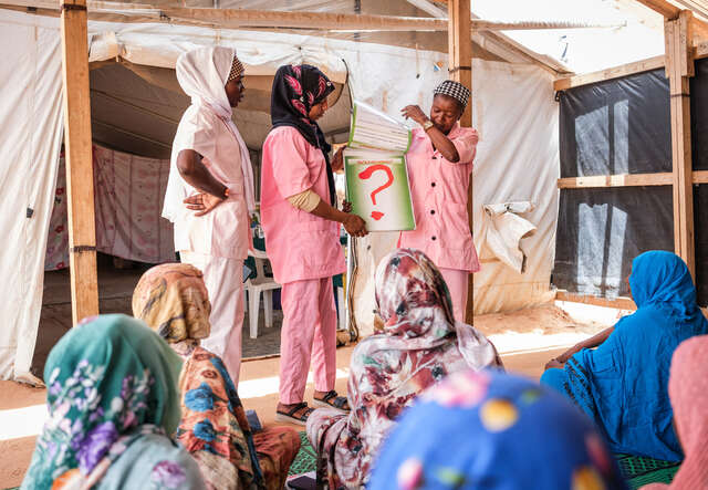 IRC mid wives lead an antenatal session at Materity Ward in IRC clinic in Aboutengue refugee camp.