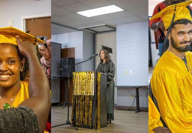 Three images in a row, (left to right); Kickstart student smiles at the camera while someone adjusts her graduation cap, Kickstart student speaker gives speech during graduation ceremony at podium, Kickstart student smiles at the camera while seated during graduation ceremony.