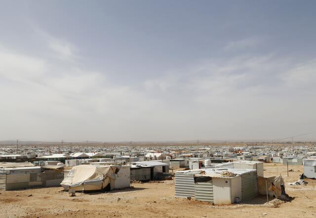 Wide angle view of the trailers and tents of Zaatari camp in Jordan 