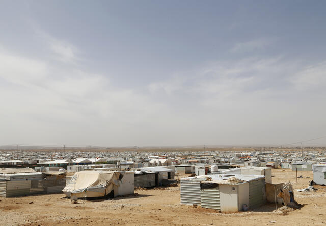 Wide angle view of the trailers and tents of Zaatari camp in Jordan
