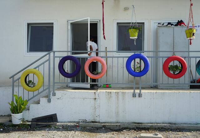 The Safe Zone in Greece is decorated with plants sitting in tyres, which the painted themselves. 