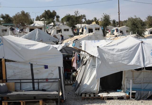 A group of plastic sheet tents where refugees live in Moria