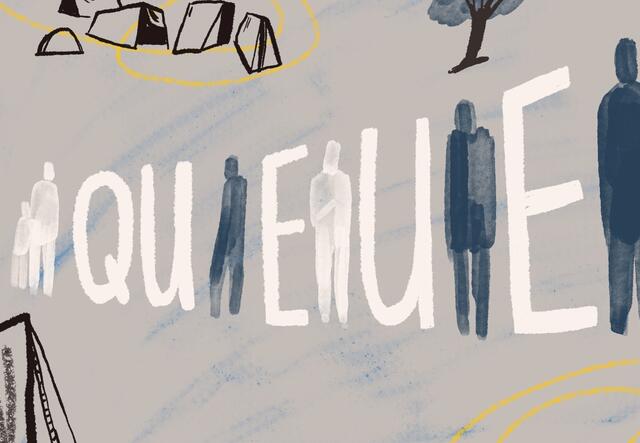 Abstract illustration of people queuing, standing between letters spelling out the word "QUEUE"