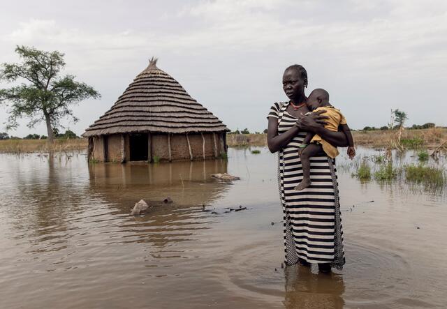 Abuk brought her daughter, Nyirou, 4, to an IRC-supported clinic where she was treated for illness and malnourishment after their home flooded in South Sudan.