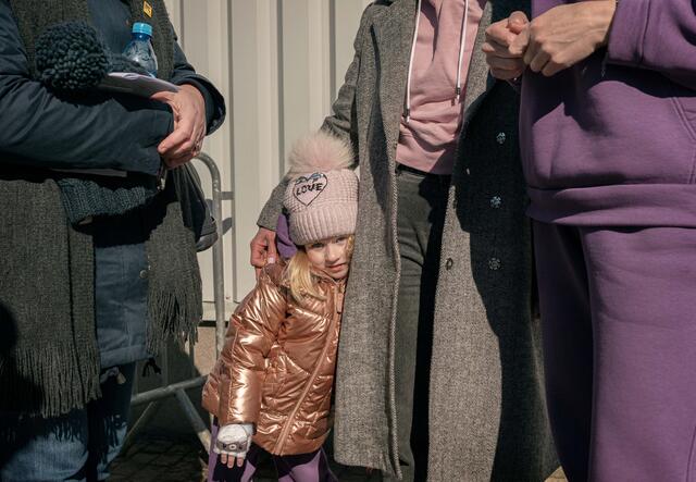Refugees from Ukraine at the Medyka border crossing, Poland.