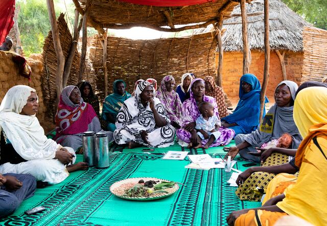 An International Rescue Committee community health worker in a village in Chad teaches families how to prepare extra-nutritious foods for their children to avoid malnutrition.