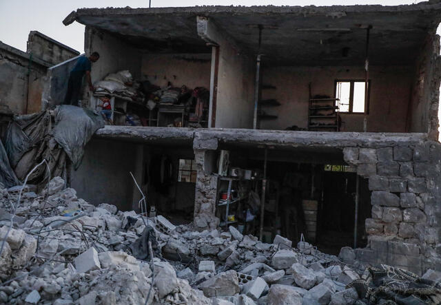 Destroyed buildings in Saraqib city, in eastern Idlib governorate, Syria.