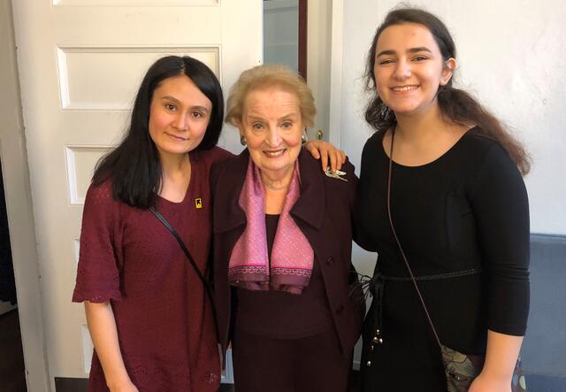 Frishta, Hon. Madeleine Albright, and Manar backstage.